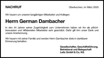Traueranzeige von German Dambacher von Schwäbische Post