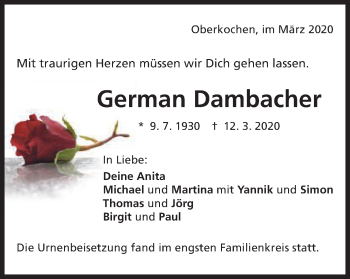Traueranzeige von German Dambacher von Schwäbische Post