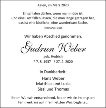 Traueranzeige von Gudrun Weber von Schwäbische Post