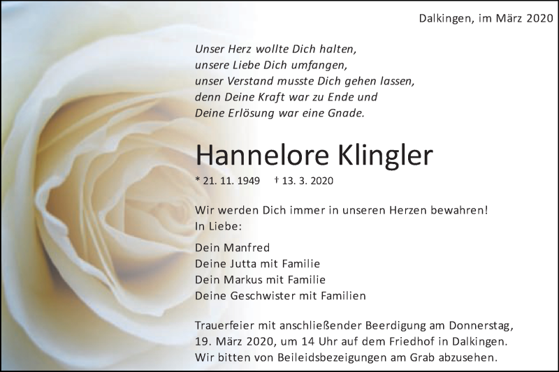  Traueranzeige für Hannelore Klingler vom 16.03.2020 aus Schwäbische Post