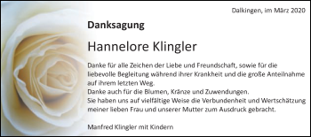 Traueranzeige von Hannelore Klingler von Schwäbische Post
