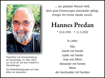 Traueranzeige von Hannes Predan von Gmünder Tagespost