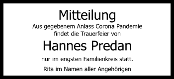 Traueranzeige von Hannes Predan von Gmünder Tagespost