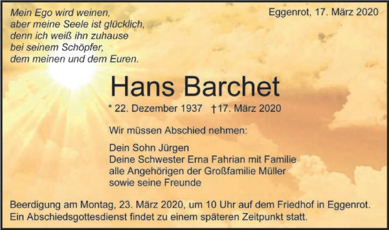  Traueranzeige für Hans Barchet vom 19.03.2020 aus Schwäbische Post