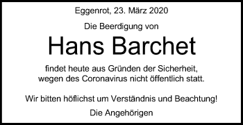 Traueranzeige von Hans Barchet von Schwäbische Post
