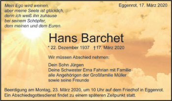 Traueranzeige von Hans Barchet