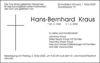 Traueranzeige von Hans-Bernhard Kraus von Gmünder Tagespost