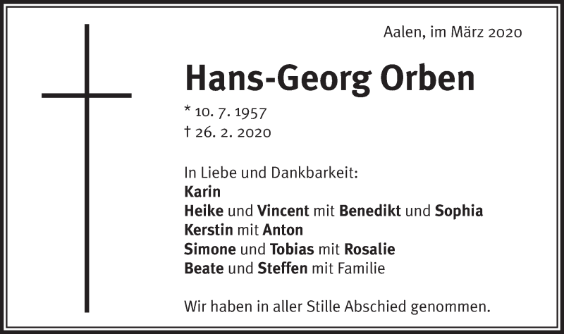  Traueranzeige für Hans-Georg Orben vom 07.03.2020 aus Schwäbische Post