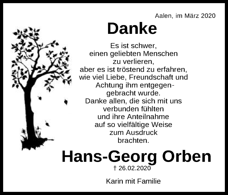  Traueranzeige für Hans-Georg Orben vom 28.03.2020 aus Schwäbische Post
