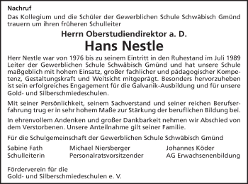 Traueranzeige von Hans Nestle von Gmünder Tagespost