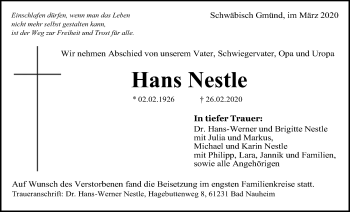 Traueranzeige von Hans Nestle von Gmünder Tagespost