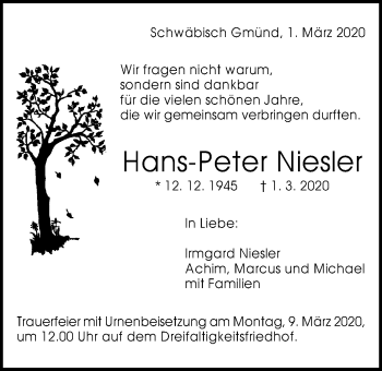 Traueranzeige von Hans-Peter Niesler von Gmünder Tagespost