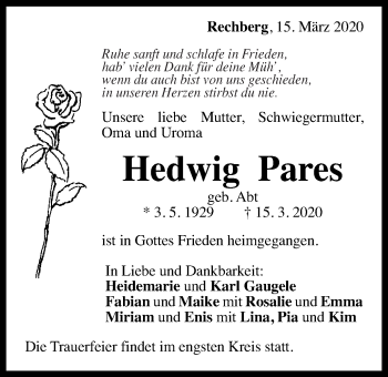 Traueranzeige von Hedwig Pares von Gmünder Tagespost