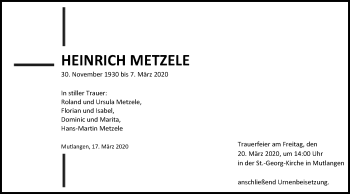 Traueranzeige von Heinrich Metzele von Gmünder Tagespost
