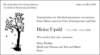 Traueranzeige von Heinz Upahl von Schwäbische Post