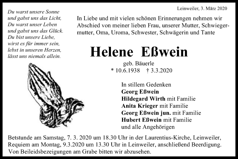  Traueranzeige für Helene Eßwein  vom 05.03.2020 aus Gmünder Tagespost