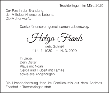 Traueranzeige von Helga Frank von Bopfinger Stadtanzeiger