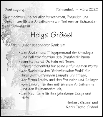 Traueranzeige von Helga Grössl von Gmünder Tagespost