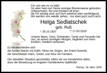 Traueranzeige von Helga Sedlatschek von Schwäbische Post