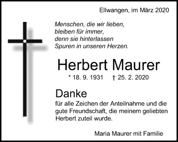 Traueranzeige von Herbert Maurer von Schwäbische Post