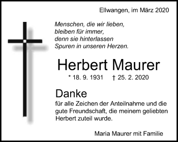 Traueranzeige von Herbert Maurer