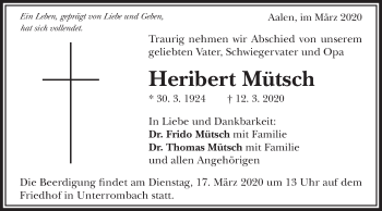 Traueranzeige von Heribert Mütsch von Schwäbische Post