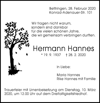 Traueranzeige von Hermann Hannes von Gmünder Tagespost