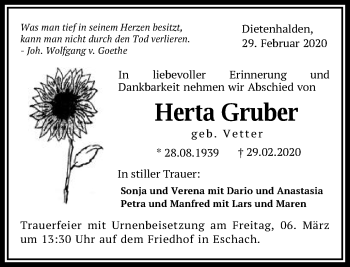 Traueranzeige von Herta Gruber von Gmünder Tagespost