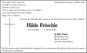 Traueranzeige von Hilde Fröschle von Gmünder Tagespost