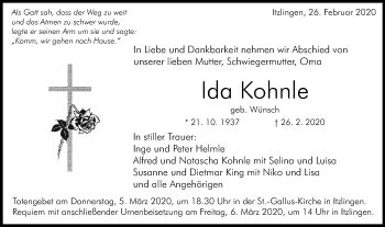 Traueranzeige von Ida Kohnle von Schwäbische Post