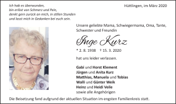 Traueranzeige von Inge Kurz von Schwäbische Post