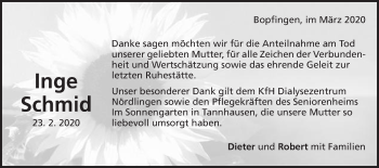 Traueranzeige von Inge Schmid von Schwäbische Post