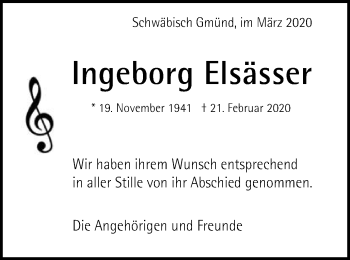 Traueranzeige von Ingeborg Elsässer von Gmünder Tagespost