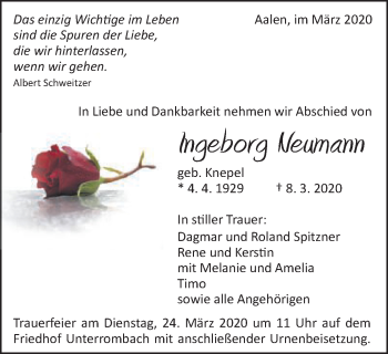 Traueranzeige von Ingeborg Neumann von Schwäbische Post