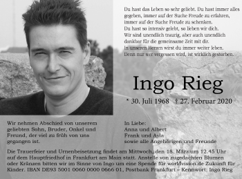 Traueranzeige von Ingo Rieg von Gmünder Tagespost