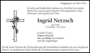 Traueranzeige von Ingrid Netzsch von Gmünder Tagespost