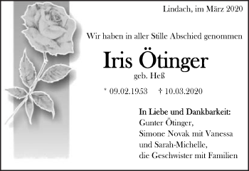 Traueranzeige von Iris Ötinger von Gmünder Tagespost