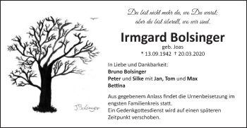 Traueranzeige von Irmgard Bolsinger von Schwäbische Post