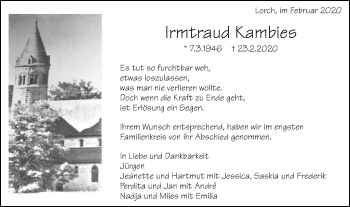 Traueranzeige von Irmtraud Kambies von Gmünder Tagespost