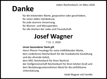 Traueranzeige von Josef Wagner von Schwäbische Post