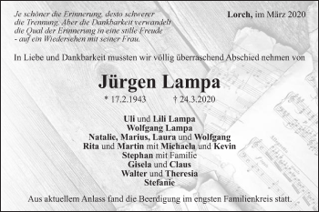 Traueranzeige von Jürgen Lampa von Gmünder Tagespost