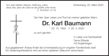 Traueranzeige von Karl Baumann von Schwäbische Post