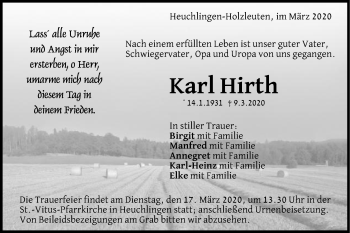 Traueranzeige von Karl Hirth von Gmünder Tagespost