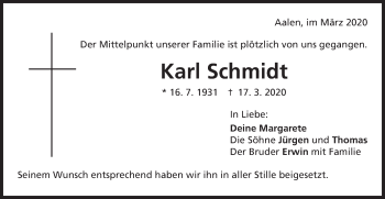 Traueranzeige von Karl Schmidt von Schwäbische Post