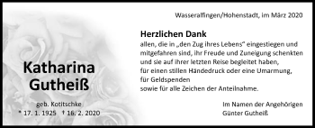 Traueranzeige von Katharina Gutheiß von Kocher-Lein-Bote