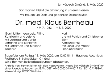 Traueranzeige von Klaus Bertheau von Gmünder Tagespost