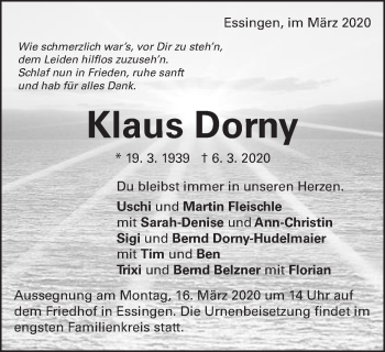 Traueranzeige von Klaus Dorny von Schwäbische Post