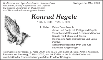 Traueranzeige von Konrad Hegele von Schwäbische Post