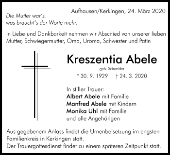 Traueranzeige von Kreszentia Abele von Schwäbische Post