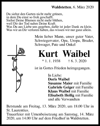 Traueranzeige von Kurt Waibel von Gmünder Tagespost